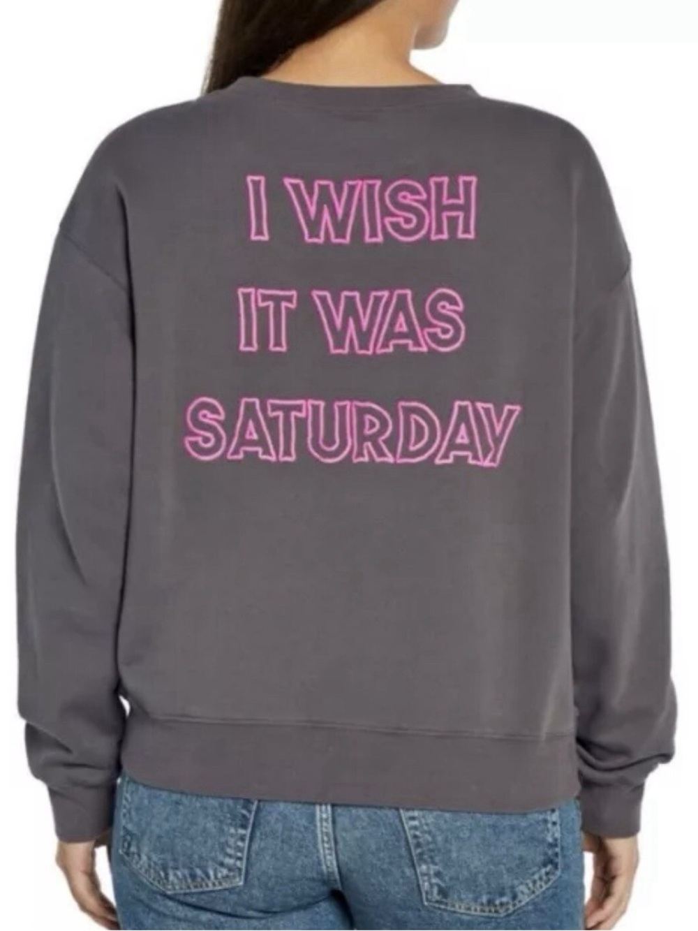 Wildfox I Wish It Was Saturday Graphic Sweater Gray Pink Size XXL